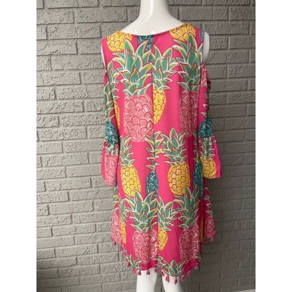 Simply Southern Women Pink Multi Cold Shoulder Pineapple Tassel Dress Size S - Picture 4 of 8